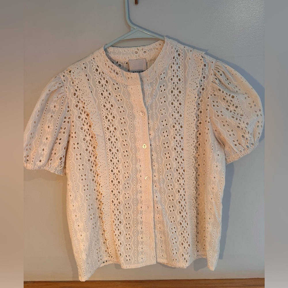 NWT  Industry Embroidered Eyelet Puff Sleeve Button-Up Cream Shirt